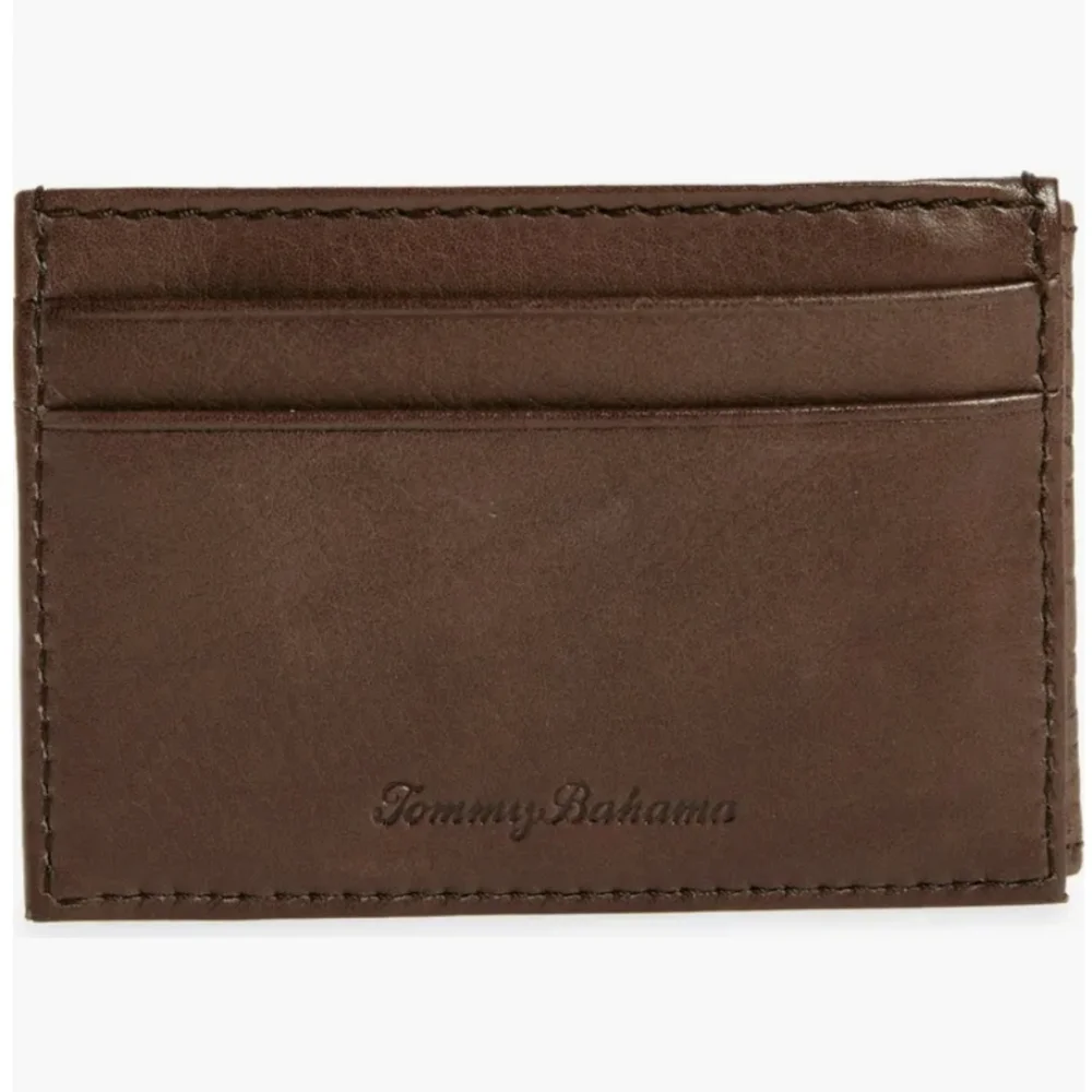 Tommy Bahama Floral Embossed Leather Bi-fold Wallet w/Money Clip Boxed Brown NWT